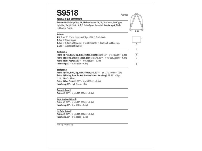 Simplicity Pattern S9518 Backpacks and Accessories Size OS One Size Only
